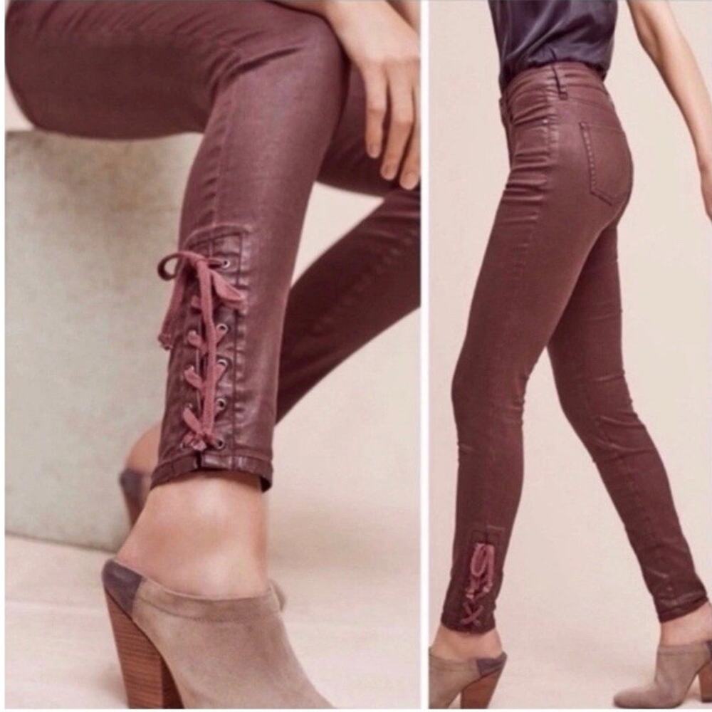 Pilcro and the Letterpress‎ Womens Pants 27 Red Wax Coated Burgundy Lace Up